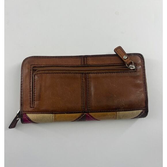 Vintage Fossil Brown Patchwork Suede & Leather Zip Clutch Boho Hippie Wallet - Picture 1 of 7